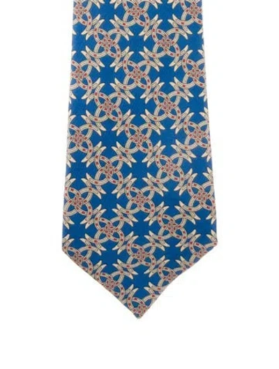 Pre-owned Hermes Blue Silk Equestrian Horseshoes Pattern Print Tie