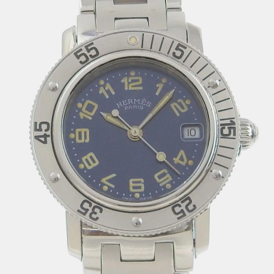 Pre-owned Hermes Blue Stainless Steel Clipper Cl5.210 Quartz Women's Wristwatch 28 Mm