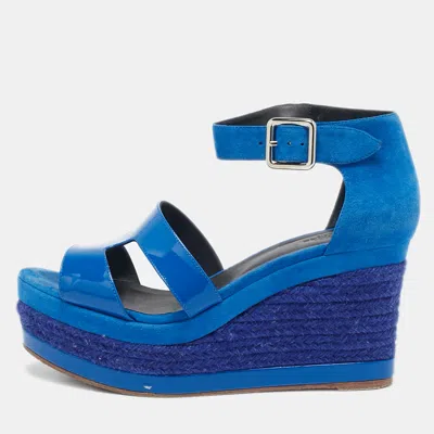 Pre-owned Hermes Blue Suede And Patent Leather Ilana Espadrille Wedge Sandals Size 38