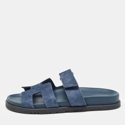 Pre-owned Hermes Blue Suede Chypre Velcro Flat Slides Size 38.5