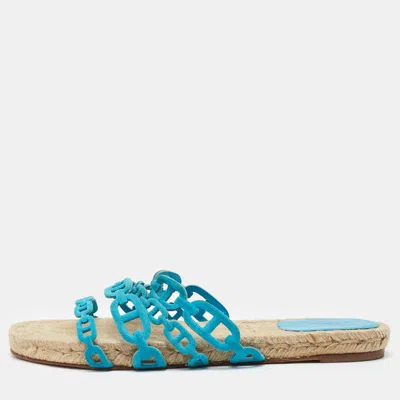 Pre-owned Hermes Blue Suede Thalassa Espadrille Flat Sandals Size 40