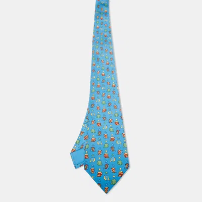 Pre-owned Hermes Hermès Blue T-shirt Print Silk Traditional Tie