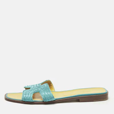 Pre-owned Hermes Blue Twisted Metallic Cord Oran Flat Slide Sandals Size 39.5