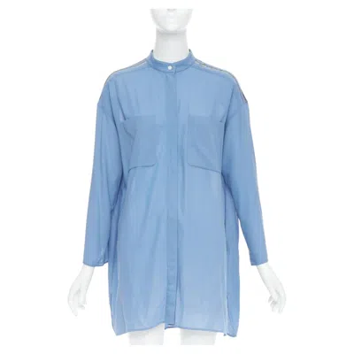 Pre-owned Hermes Blue Virgin Wool Band Collar Rolled Tab Sleeves Tunic Shirt Dress Fr36 S