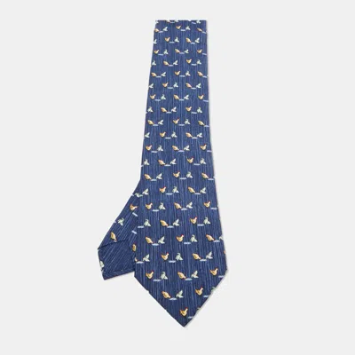 Pre-owned Hermes Blue Whimsical Chickens Print Silk Classic Tie