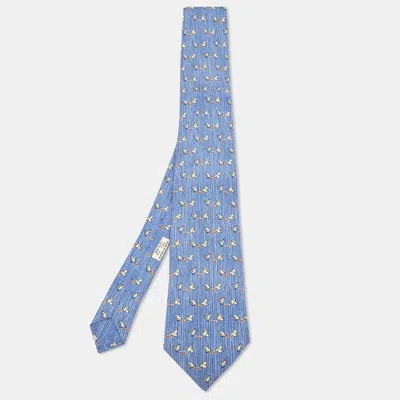 Pre-owned Hermes Hermès Blue Whimsical Chickens Print Silk Classic Tie