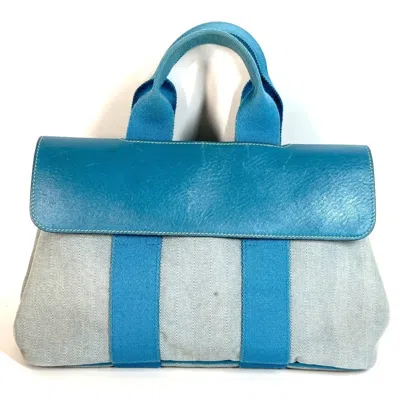 Pre-owned Hermes Blue Yellow Cotton Leather Handbag Tote Bag () In Multi