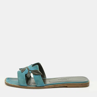 Pre-owned Hermes Blue/green Leather And Suede Oran Laurier Sandals Size 36.5