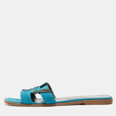 Pre-owned Hermes Blue/green Leather And Suede Oran Laurier Sandals Size 40