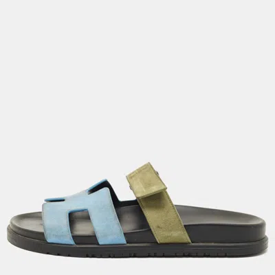 Pre-owned Hermes Blue/green Suede Chypre Flat Sandals Size 40.5