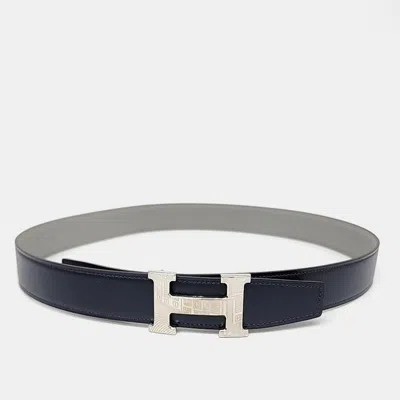 Pre-owned Hermes Hermès Blue/grey Leather H Reversible Belt (w)
