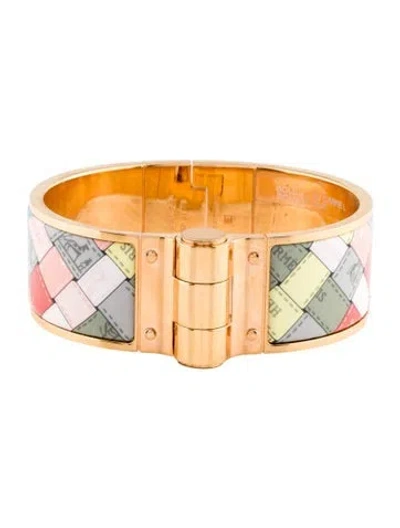 Pre-owned Hermes Hermès Bolduc Au Carre Wide Hinged Enamel Bracelet, 6.75" In Multi