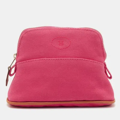 Pre-owned Hermes Bolide Mini Hibiscus Canvas Travel Cosmetic Pouch In Pink