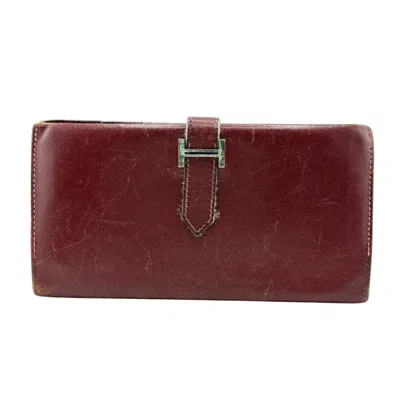 Pre-owned Hermes Bordeaux Red Color Box Calf Leather Wallet (bi-fold) ()