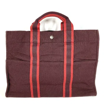 Pre-owned Hermes Bordeaux Red Color Cotton Handbag Tote Bag () In Burgundy