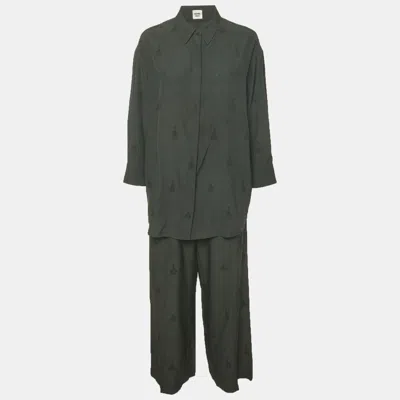 Pre-owned Hermes Hermès Bottle Green Embroidered Silk Shirt And Trousers Set S