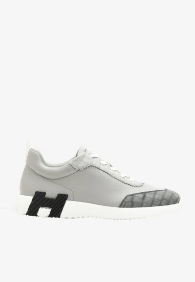 Hermes Bouncing Low-top Sneakers In Gris Silex Calfskin Suede Nilo Croc Leather In Gray