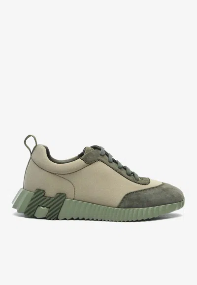 Hermes Bouncing Low-top Trainers In Vert Toundra Satin And Vert Foret Suede