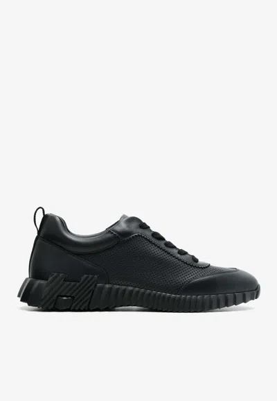 Hermes Bouncing Low-top Sneakers In Black Perforated And Solid Calfskin