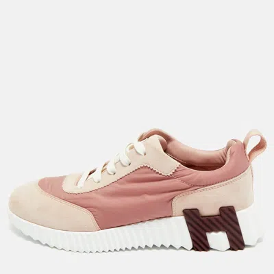 Pre-owned Hermes Bouncing Size 37.5 Pink Nylon And Suede Lace Up Sneakers