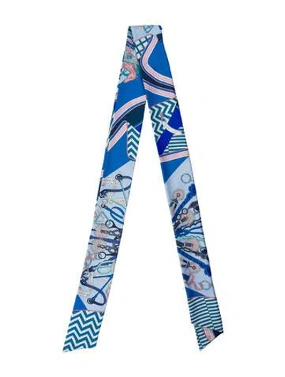 Pre-owned Hermes Bouquets Sellier Maxi Silk Twilly Scarf In Blue