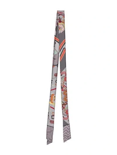 Pre-owned Hermes Bouquets Sellier Maxi Silk Twilly Scarf In Grey