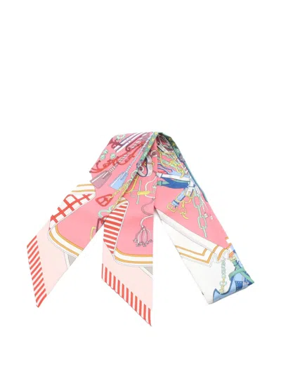 Pre-owned Hermes Bouquets Sellier Ribbon Scarf In Pink