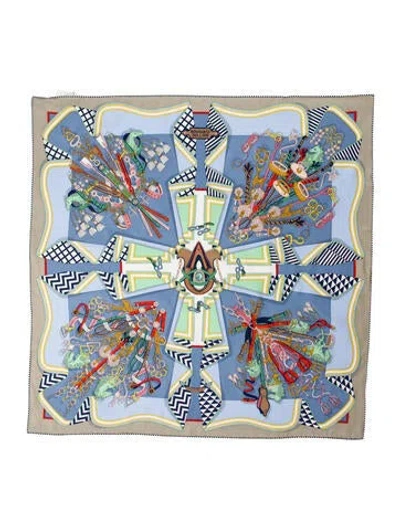 Pre-owned Hermes Bouquets Sellier Silk Scarf In Blue