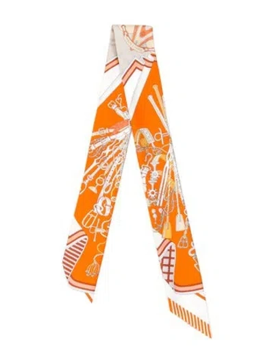Pre-owned Hermes Bouquets Sellier Silk Twilly Scarf In Orange