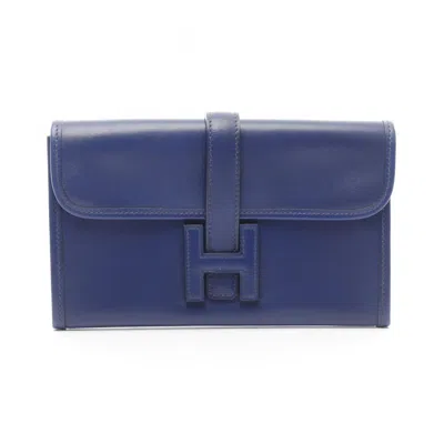 Pre-owned Hermes Box Calf Leather Leather Clutch Bag () In Blue