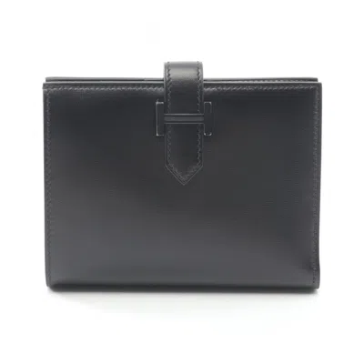 Pre-owned Hermes Box Calf Leather Leather Wallet (bi-fold) () In Black