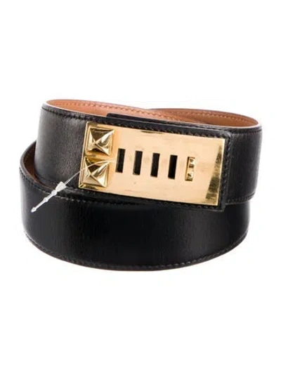 Pre-owned Hermes Box Leather Collier De Chien Belt In Black