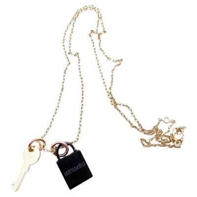 Pre-owned Hermes Brand New Amulette Padlock Pm Brown Gold Necklace