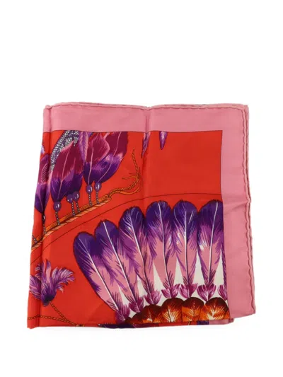 Pre-owned Hermes Brazil Ii Feather-print Silk Scarf In Pink