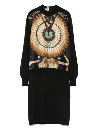 Pre-owned Hermes Brazil Silk Feather-print Dress In Black