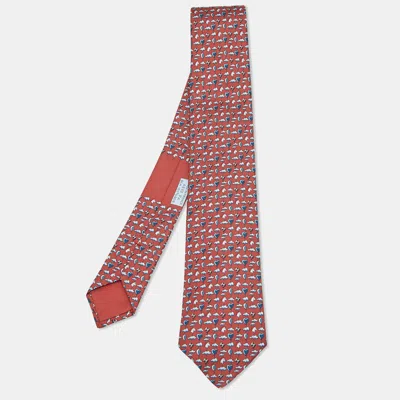 Pre-owned Hermes Hermès Brick Red Up In The Clouds Silk Tie 7