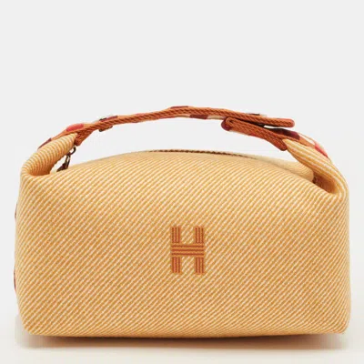 Pre-owned Hermes Bride-a-brac Carre Small Fauve Canvas Case In Brown