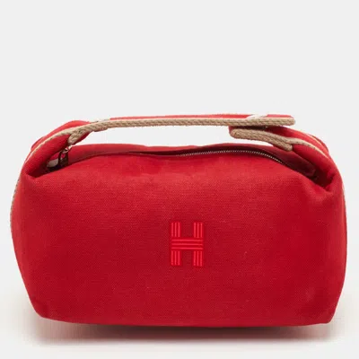 Pre-owned Hermes Bride-a-brac Small Carmin Toile H Canvas Pouch In Red
