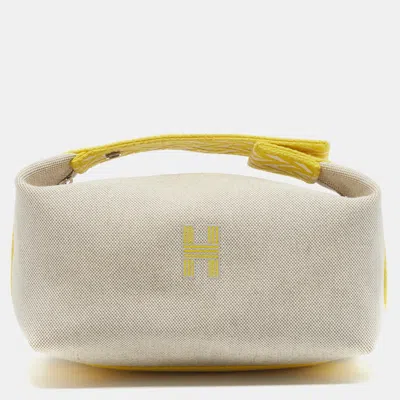 Pre-owned Hermes Hermès Bride-a-brac Small Ecru/jaune Citron Canvas Pouch In Sand