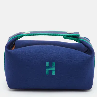 Pre-owned Hermes Hermès Bride-a-brac Small Marine Toile H Canvas Pouch In Blue