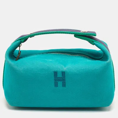 Pre-owned Hermes Hermès Bride-a-brac Small Turquoise Toile H Canvas Pouch In Green