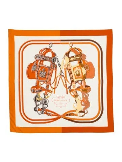 Pre-owned Hermes Brides De Gala Applique Pique Cashmere Shawl In Orange