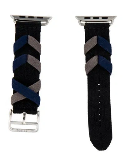 Pre-owned Hermes Bridon Single Tour Apple Watch Band In Black/blue/grey