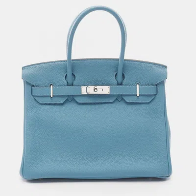 Pre-owned Hermes Brikin 30 Blue Paon Togo Leather Tote Bag