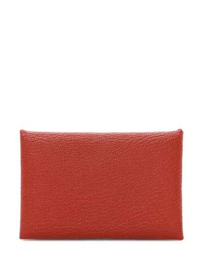 Pre-owned Hermes Hermès Brique Chevre Mysore Leather Calvi Card Case (authentic Pre-loved)