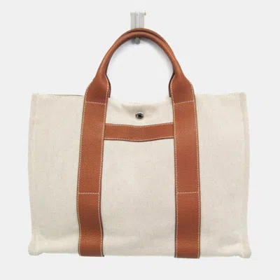 Pre-owned Hermes Sac Aane Mm Leather Cotton Tote Bag Brown Cream