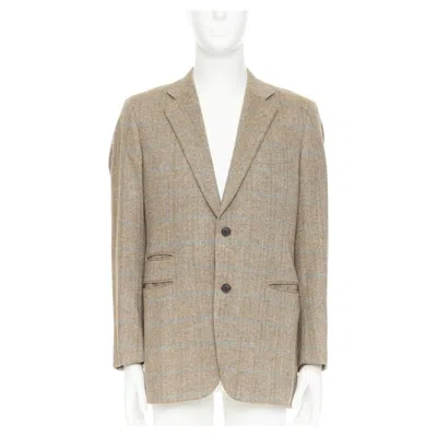 Pre-owned Hermes Brown Blue Wool Mohair Cashmere Checked Full Canvas Blazer Eu50 L