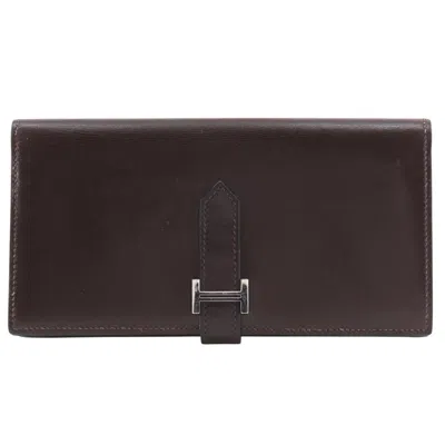 Pre-owned Hermes Brown Box Calf Leather Long Wallet (bi-fold) ()