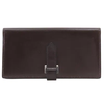 Pre-owned Hermes Brown Box Calf Leather Long Wallet (bi-fold) ()