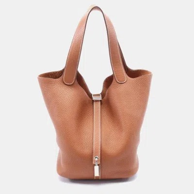 Pre-owned Hermes Brown C Shw Clemence Leather Picotin Lock Mm Handbag In Gold